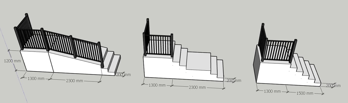평면도 치수로 그린 데크 · 계단 · 난간 설계안 3가지 — 폭 1300mm, 길이 2300 · 1500mm, 높이 1200mm, 계단 200mm